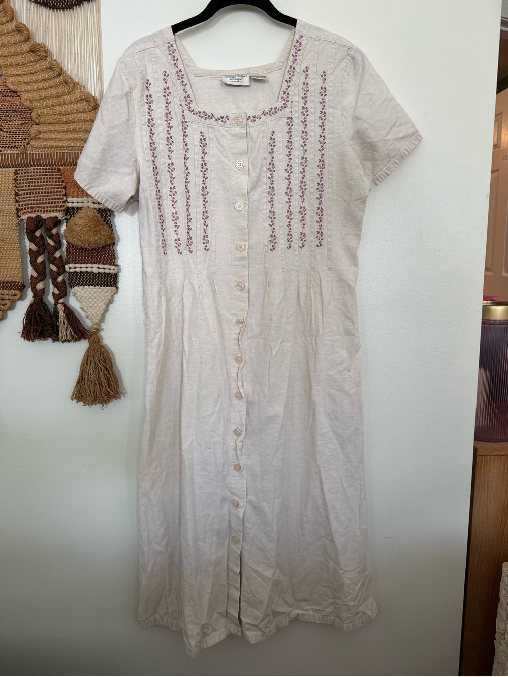 Amanda Stewart Embroidered Dress Women's Size L Cotton Linen Blend Neutral